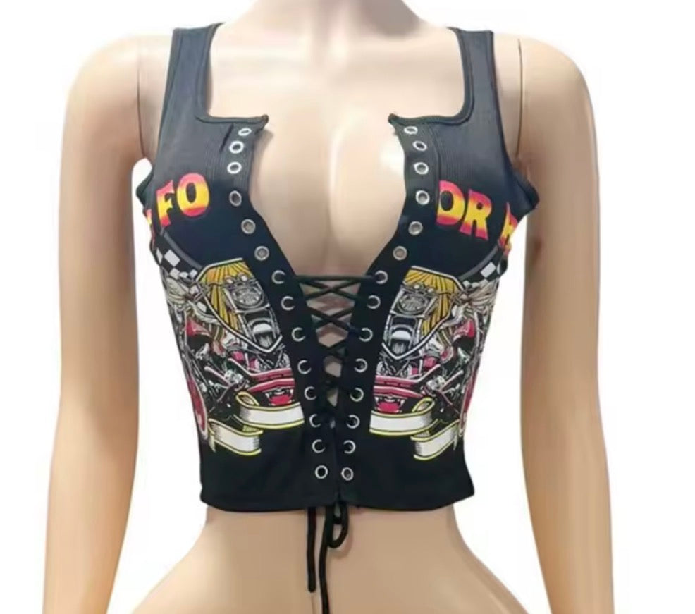 Laced Up Graphic Crop Tank Top