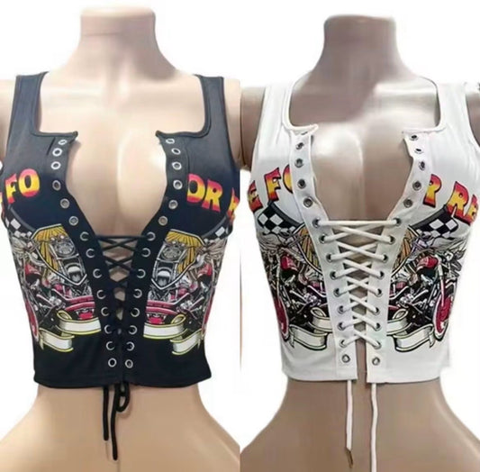 Laced Up Graphic Crop Tank Top