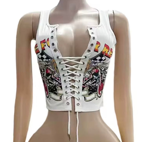 Laced Up Graphic Crop Tank Top